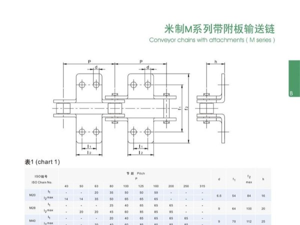 米制M系列带附板输送链