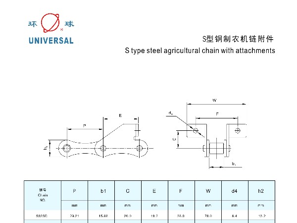 S型钢制农机链附件-钢制链条-带附件链条-农机链-环球链条-链条厂家-非标定制-链条定制-非标链条-链条选型-链条样册-链条参数表